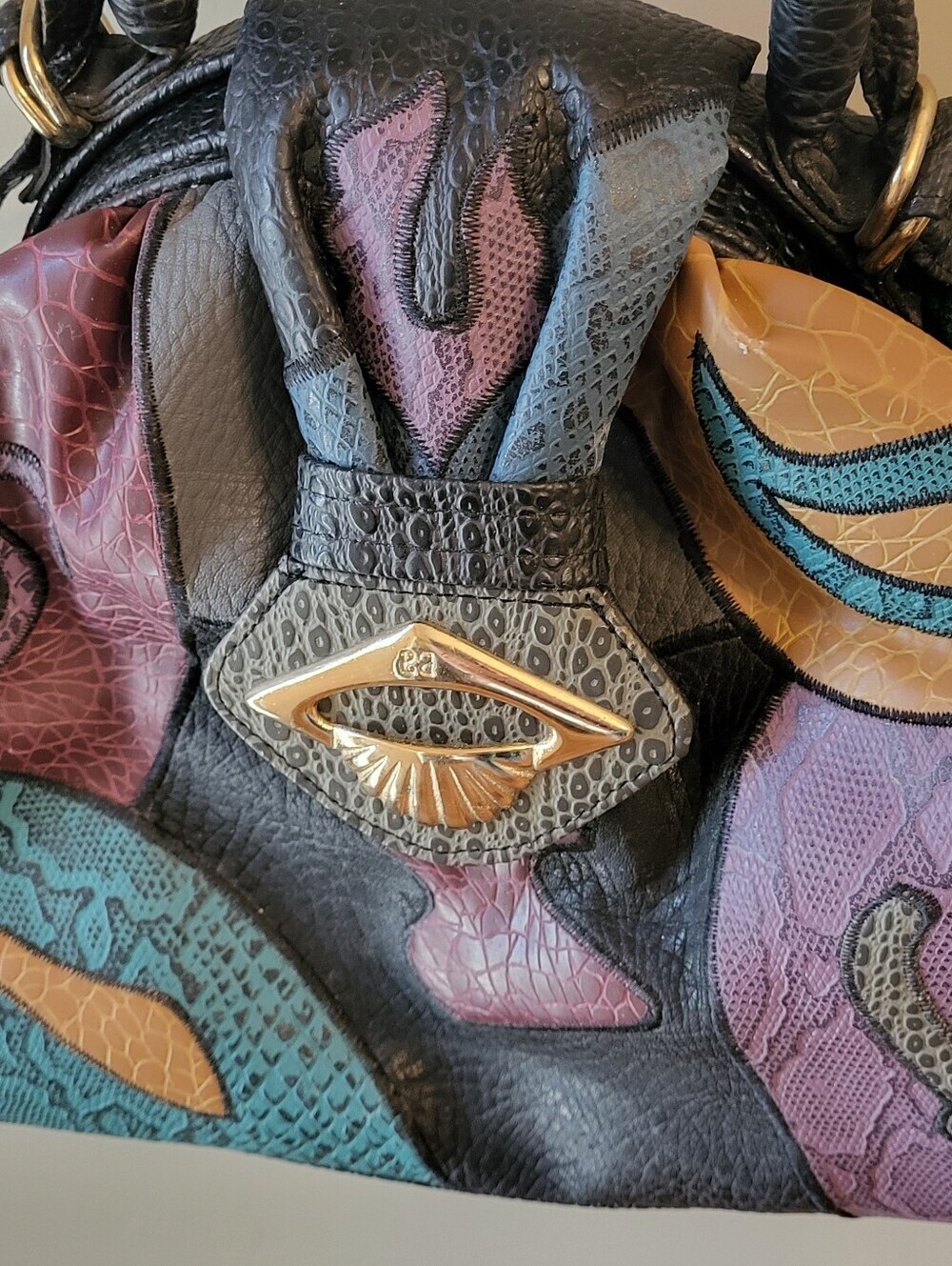 NAS Bag Faux Lizard Patchwork Vtg 80s Made In Korea Top Handle/Shoulder Strap - Picture 4 of 14